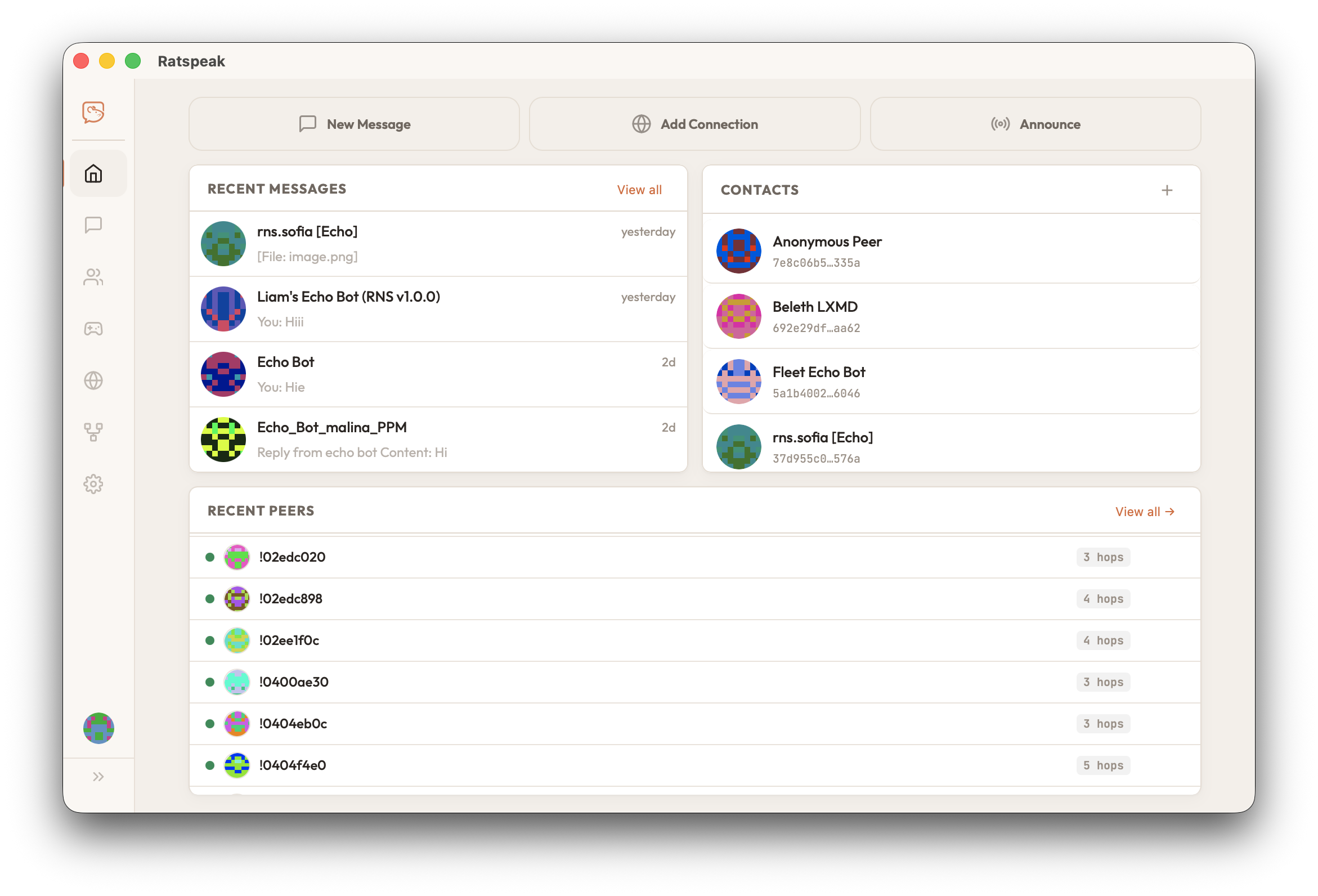 Ratspeak desktop home dashboard in a macOS window