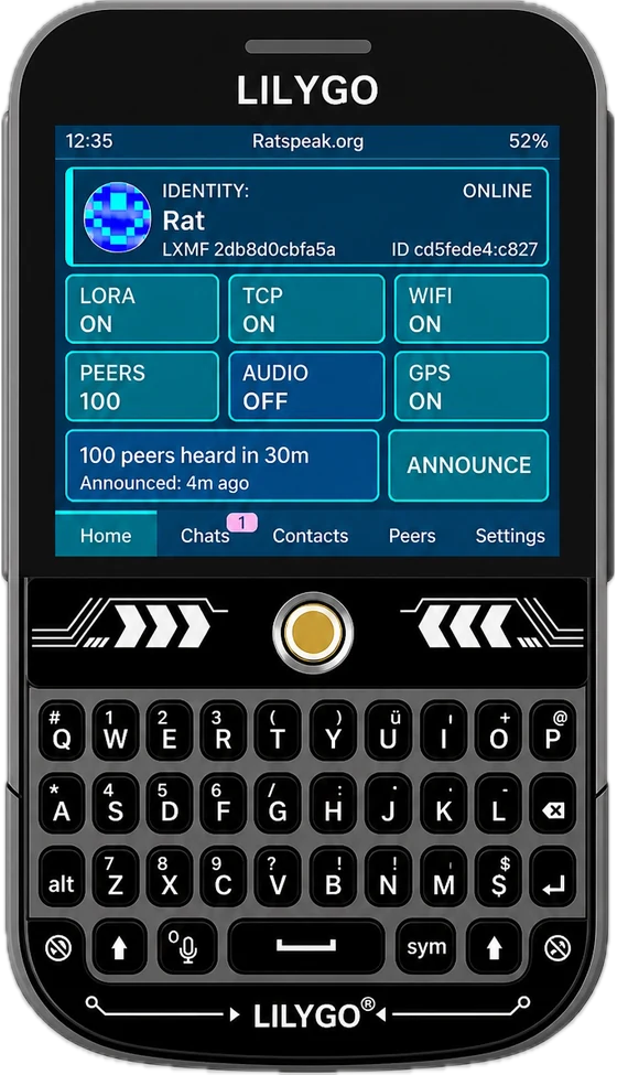 T-Deck Plus running Ratspeak — home dashboard